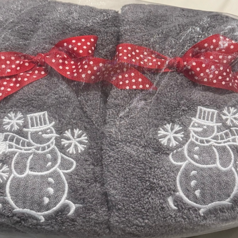Gray Snowman Hand Embroidered Towels